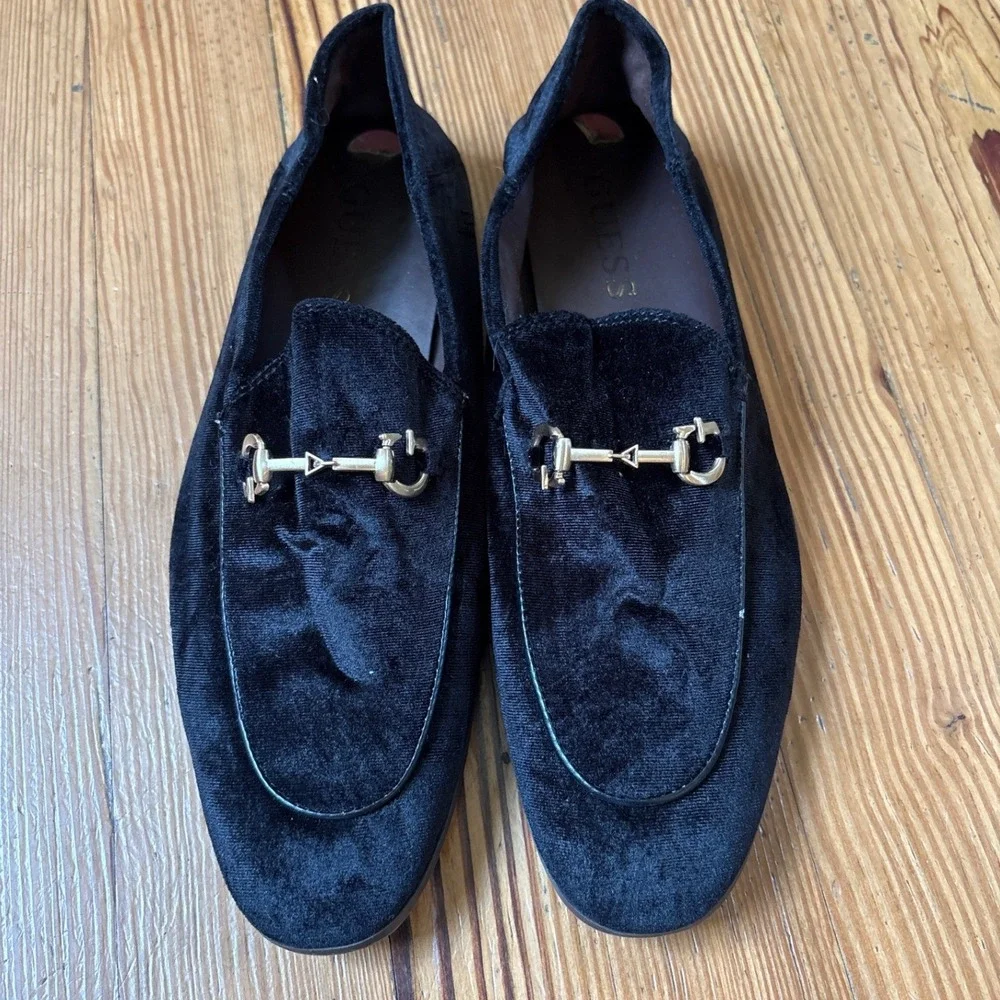Guess Loafer Mens Black Velvet Gold Horsebit Slip On SIZE 10